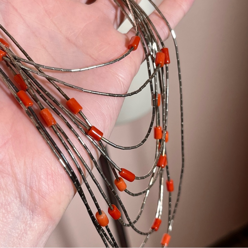 Navajo Rising Sun Native American liquid Silver Sterling Red Coral long necklace